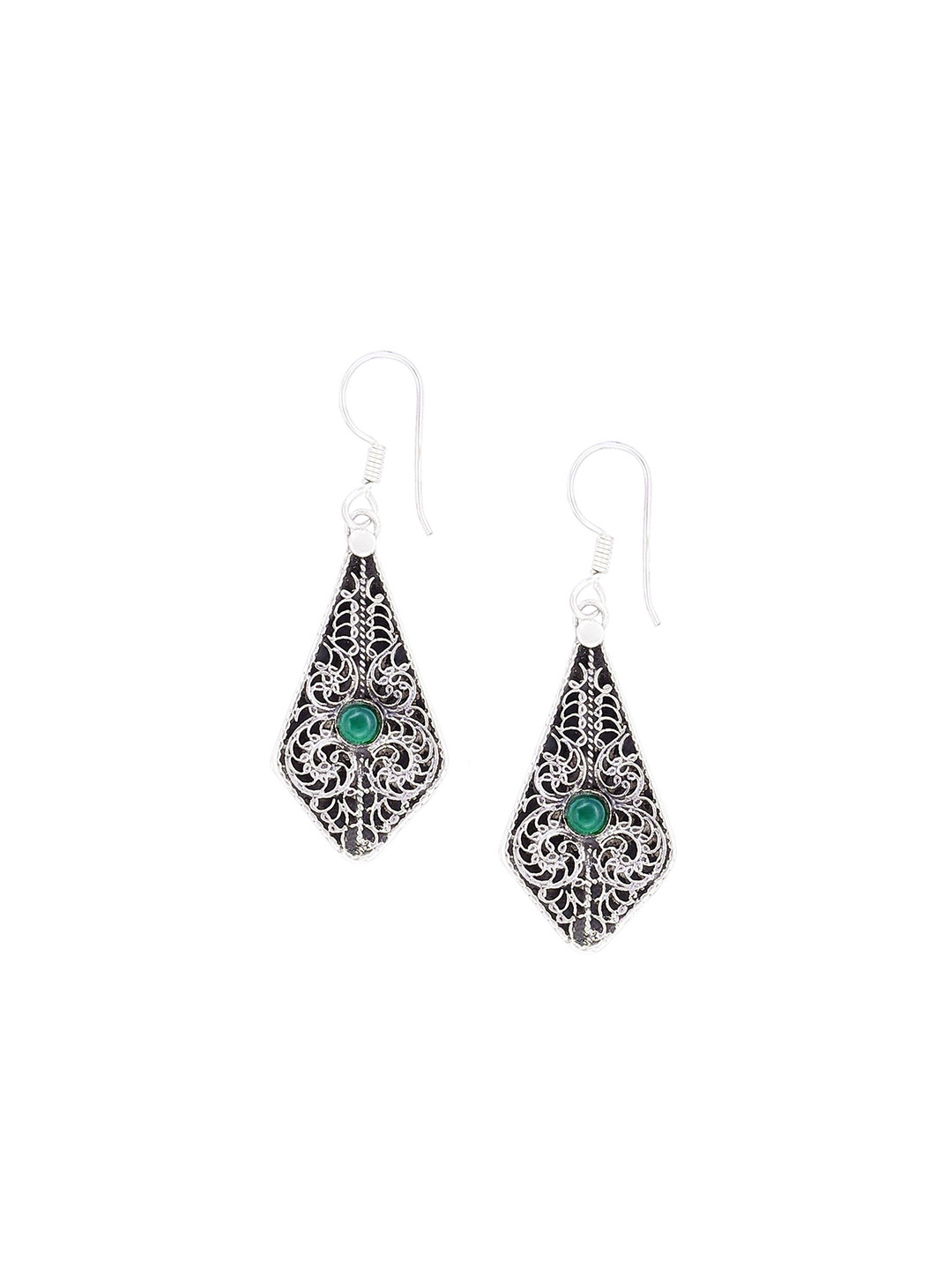 Exotic India Green Onyx Gemstone Lace Pattern Sterling Silver Earrings
