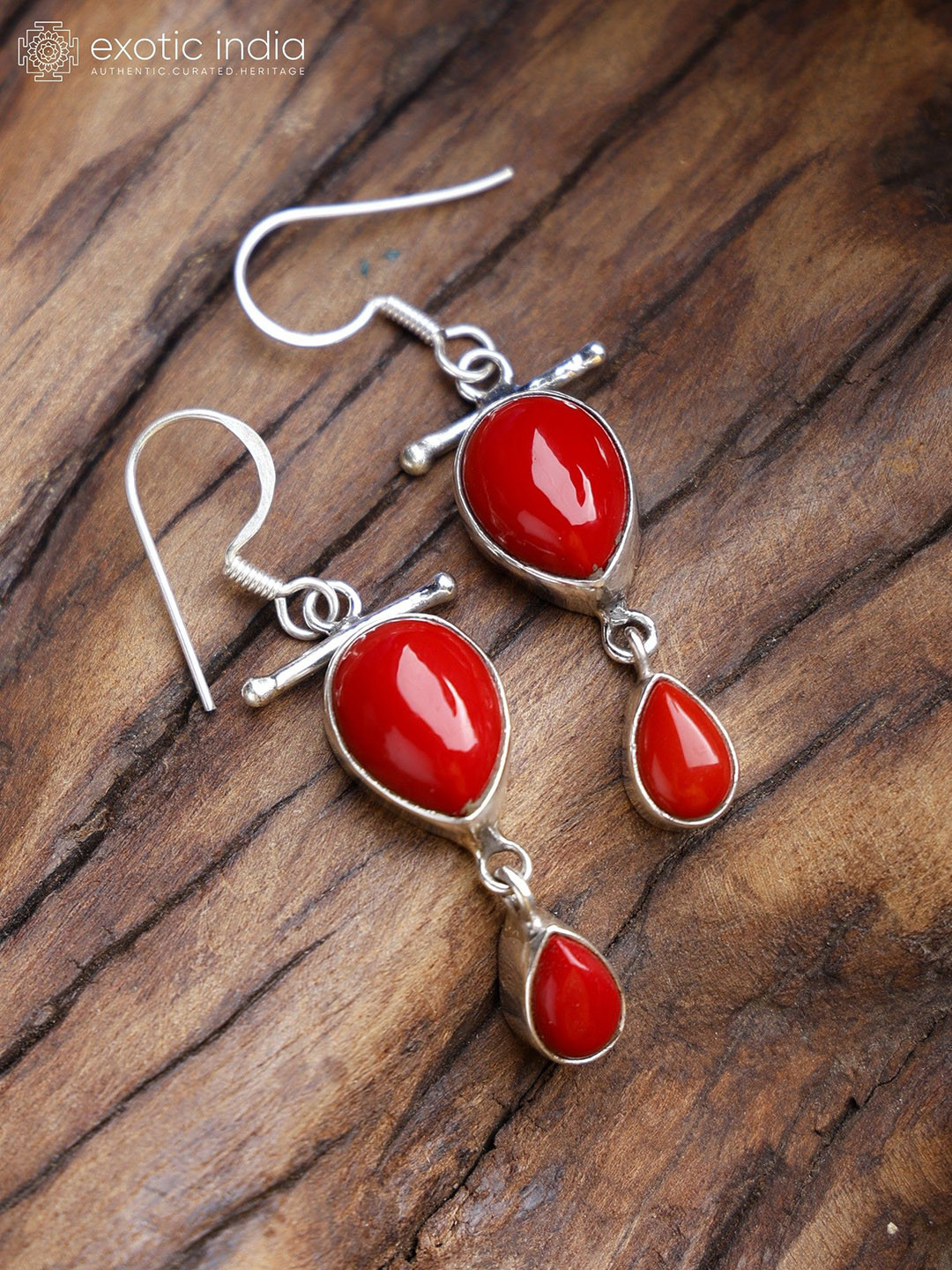 Exotic India Red Onyx Drop Shape Sterling Silver Dangling Earrings