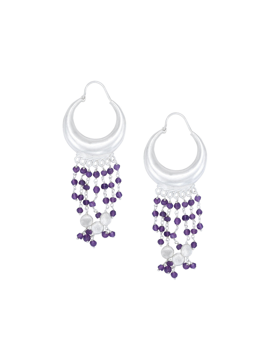 Exotic India Amethyst Bead Dangles Sterling Silver Long Size Earrings