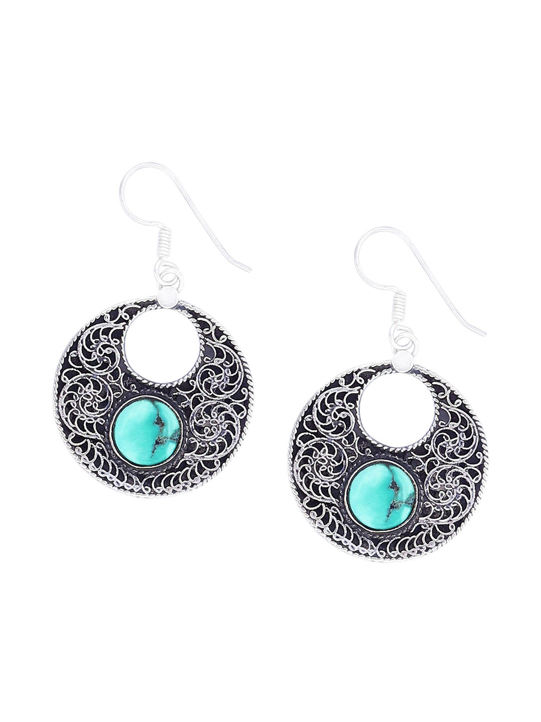 Exotic India Turquoise Gemstone Ethnic Style Round Sterling Silver Earrings
