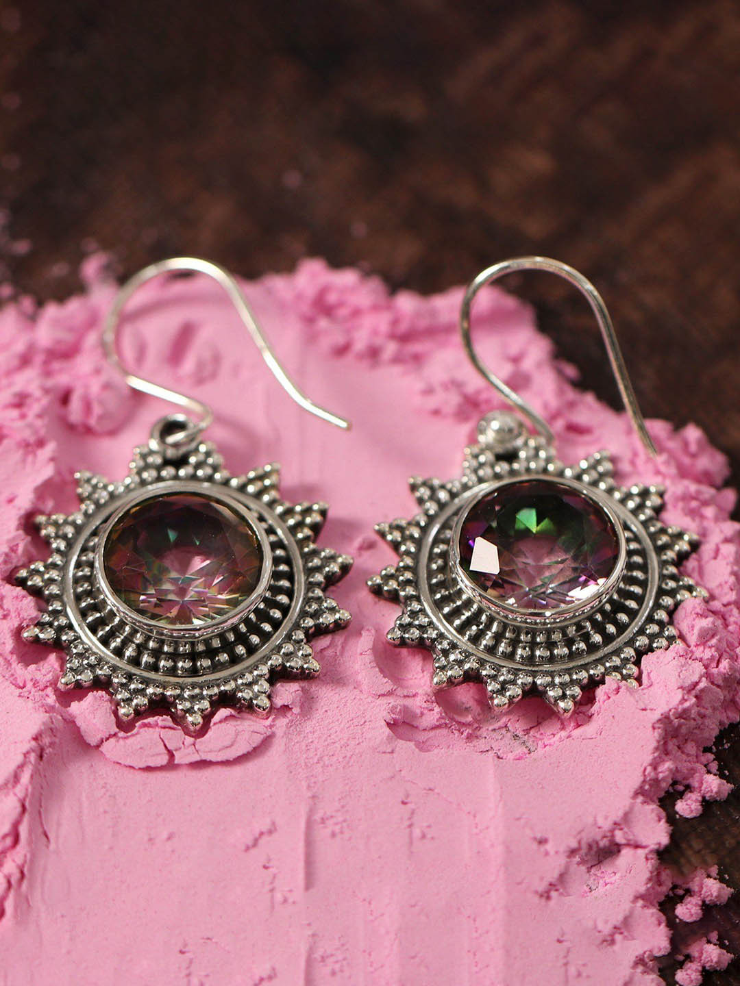 Exotic India Mystic Topaz Gemstone Sun-Shaped Sterling Silver Earrings