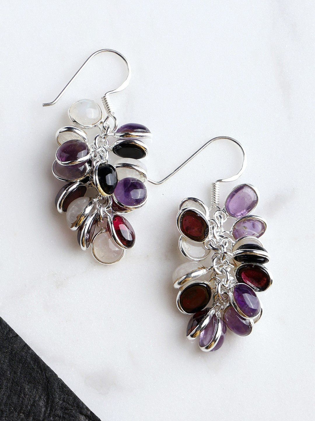 Exotic India Garnet, Moonstone & Amethyst Gemstone Sterling Silver Bunch Earrings