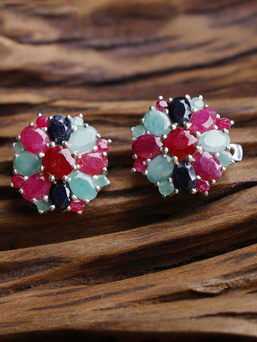 Exotic India Sapphire, Ruby & Emerald Stone Sterling Silver Earrings