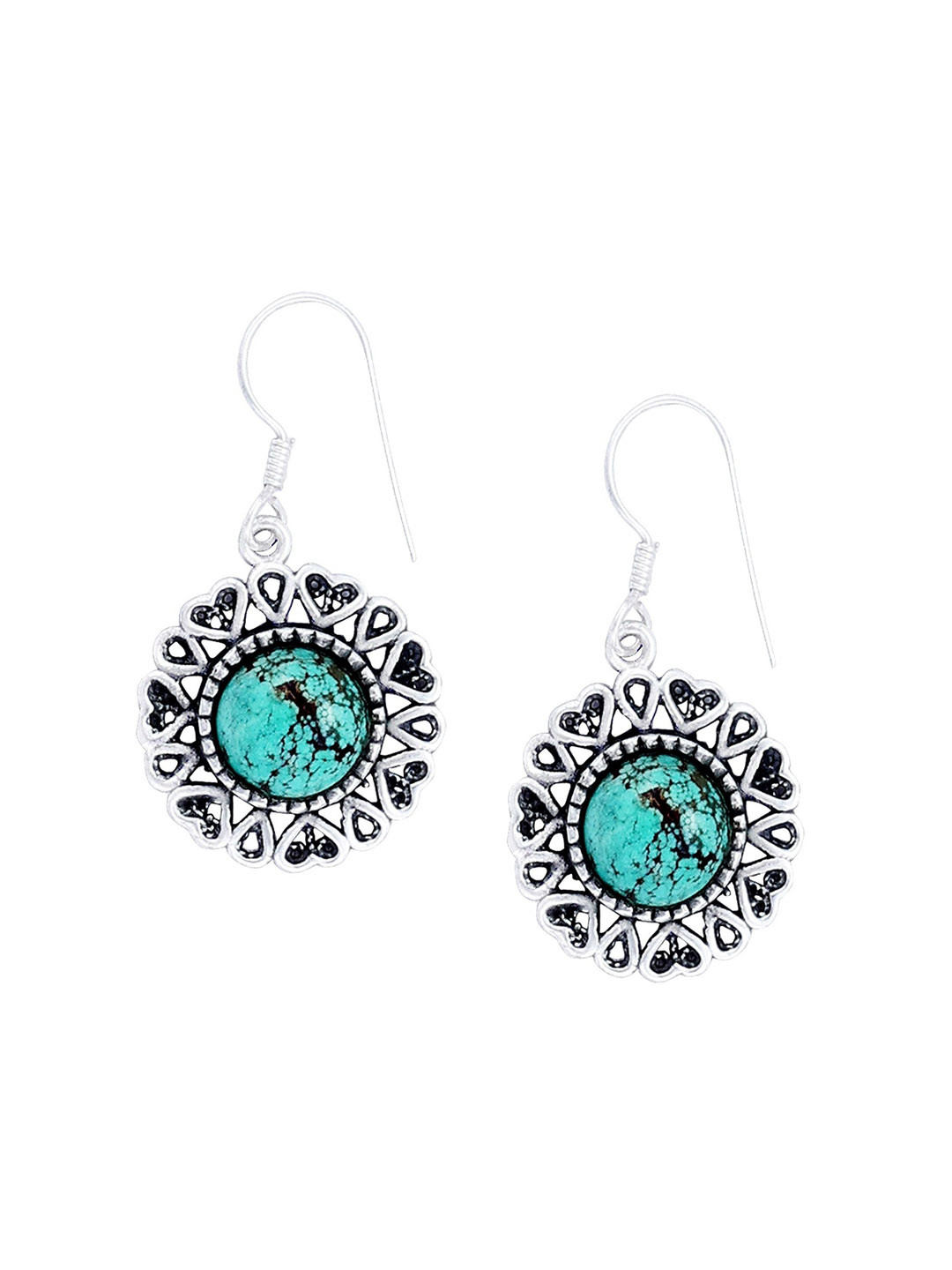 Exotic India Turquoise Stone Dangle Round-Shaped Stone Sterling Silver Small Heart Earring