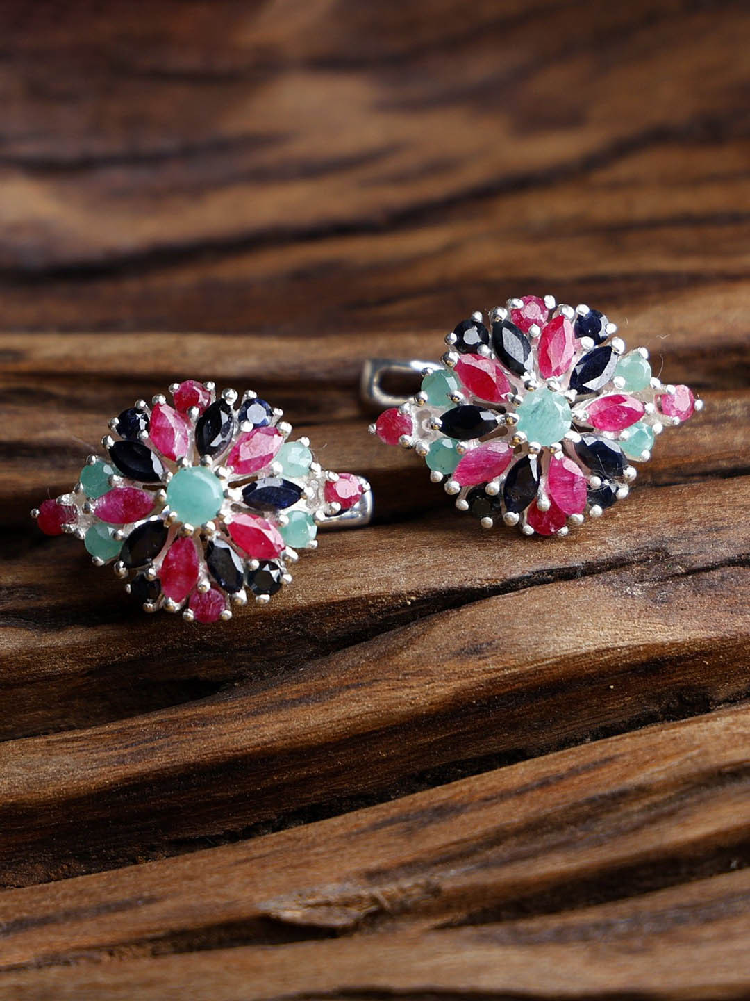 Exotic India Faceted Sapphire, Ruby and Emerald Gemstone Sterling Silver Earrings