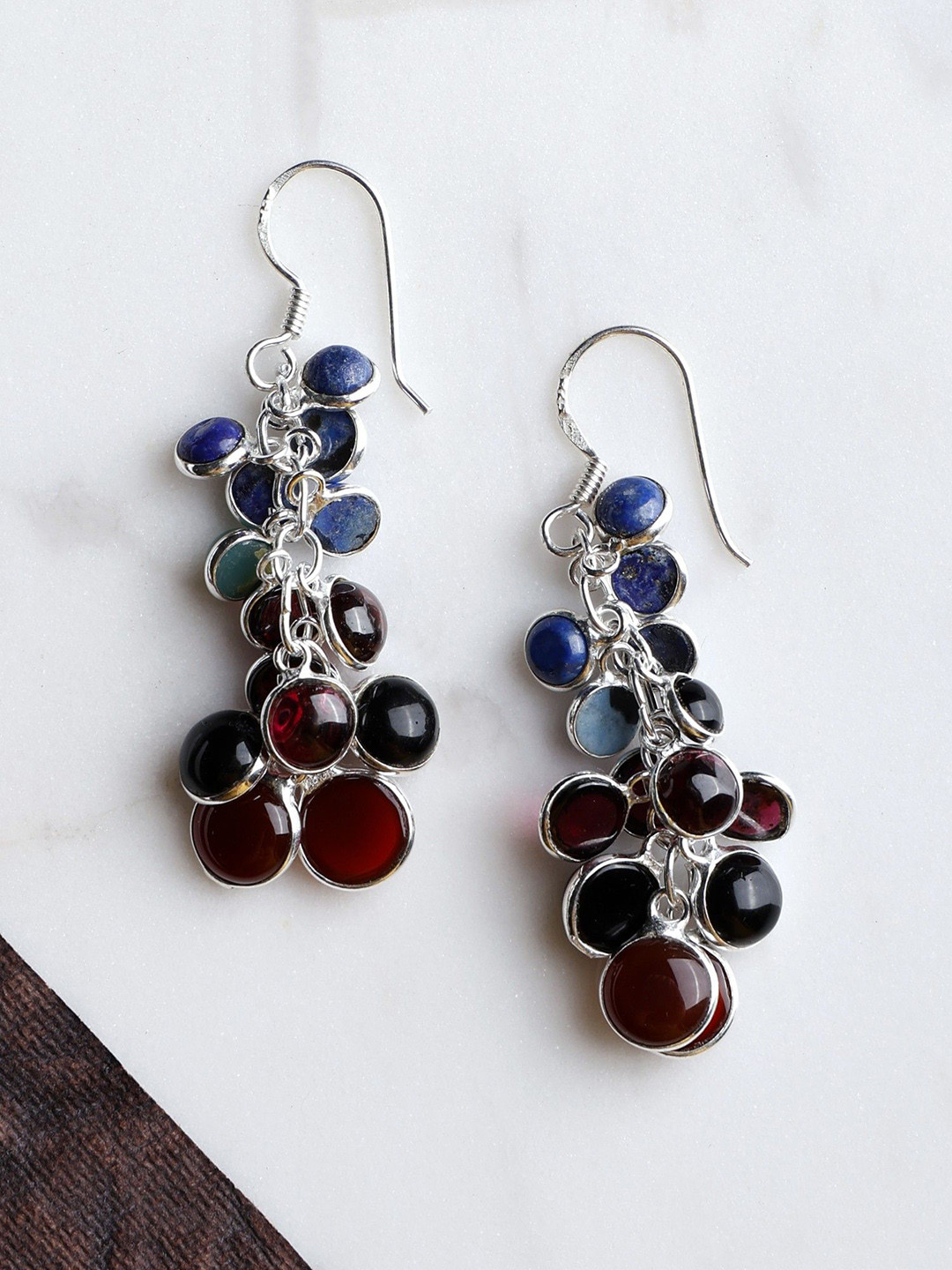Exotic India Multi Gemstone Sterling Silver Bunch Earrings