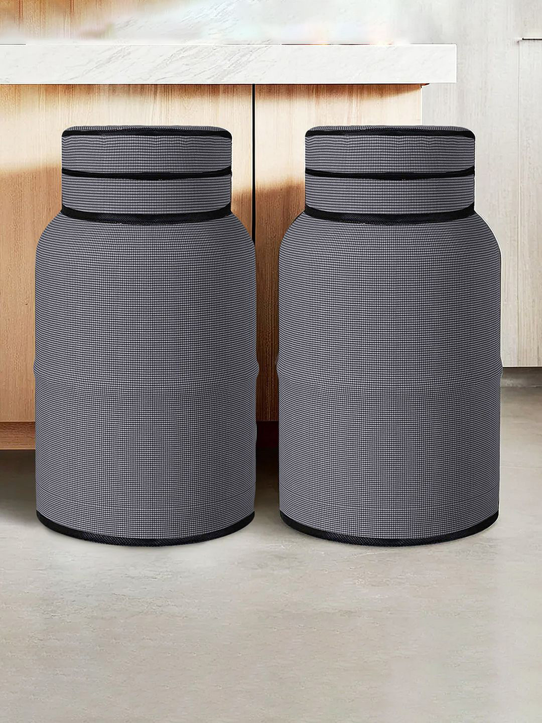 Kuber Industries Grey 2 Pieces Mini Checked LPG Cylinder Cover