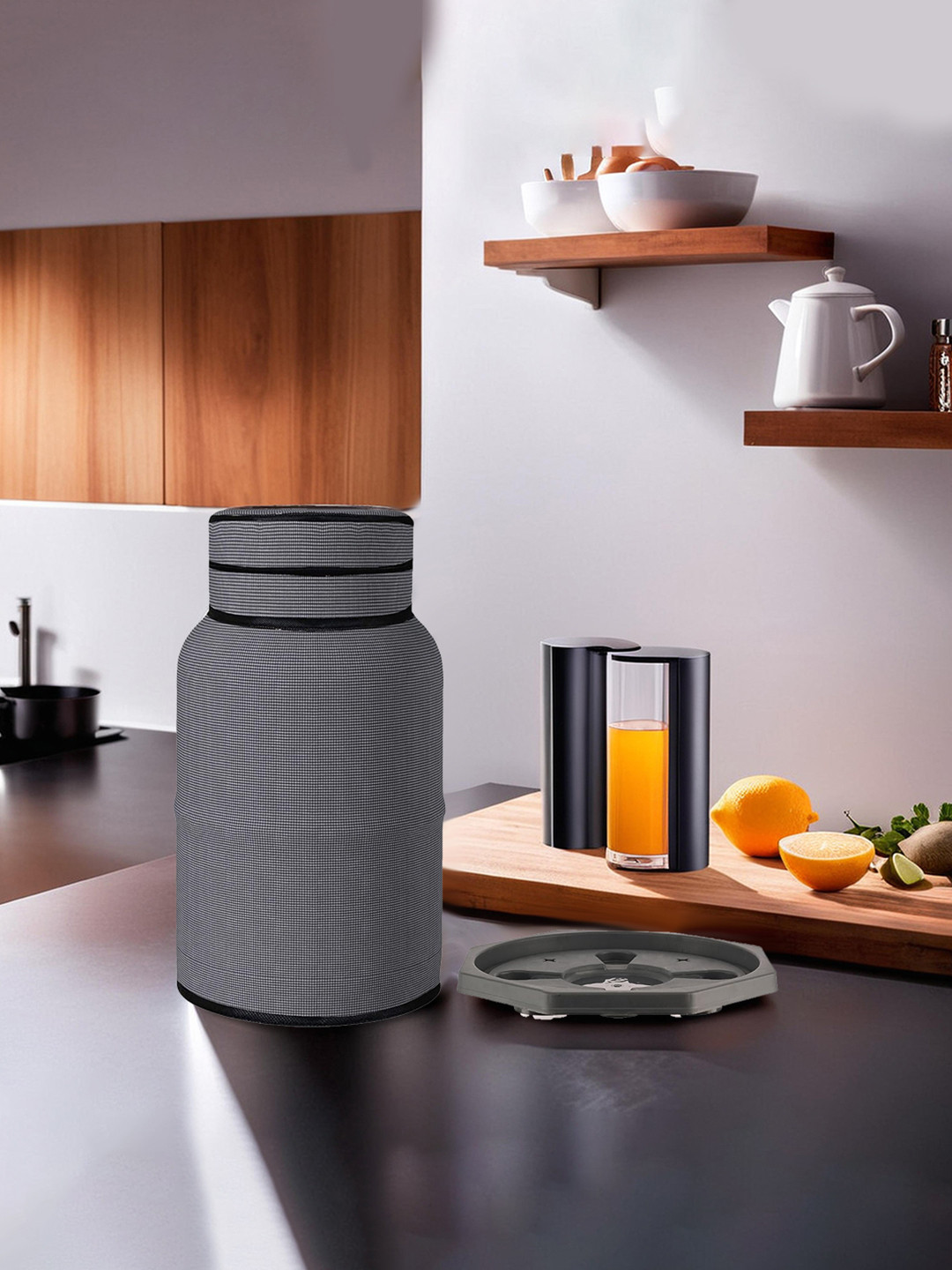 Kuber Industries Grey &  Black 2 Pieces Printed Gas Cylinder Covers With Wheels