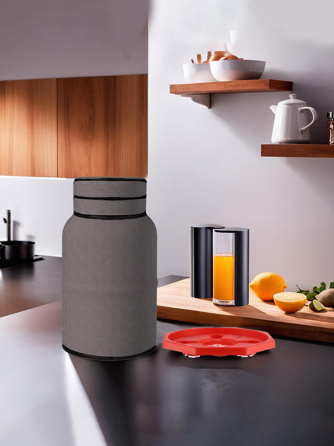 Kuber Industries Brown & Red 2 Pieces Printed Gas Cylinder Cover & Stand