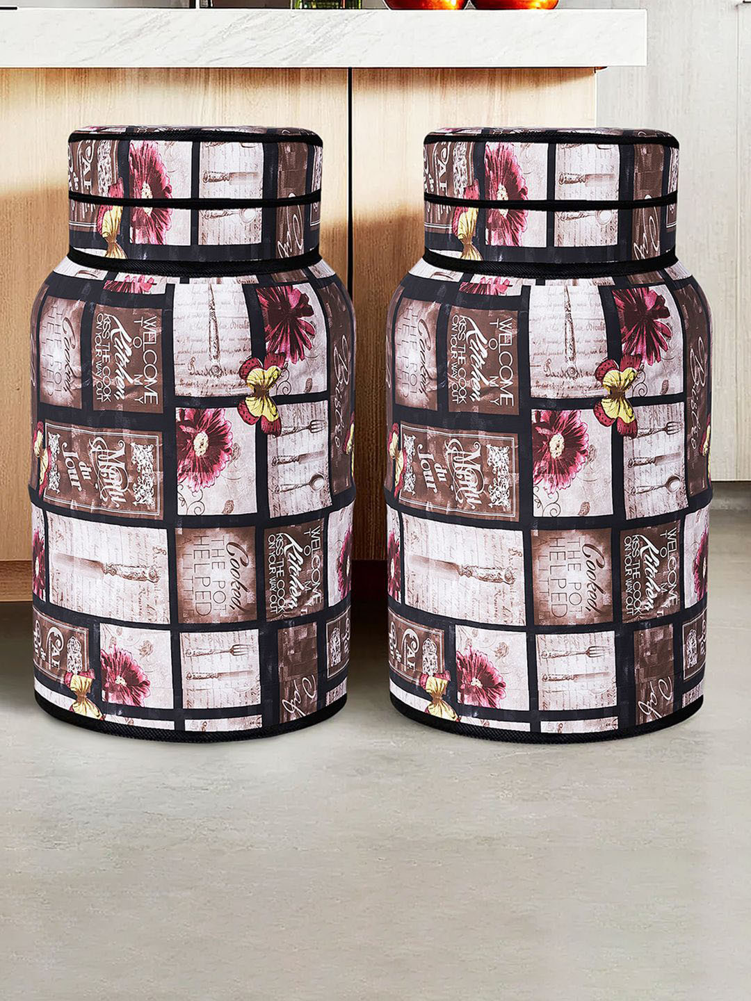 Kuber Industries Brown & Pink 2 Pieces Floral Printed LPG Cylinder Cover