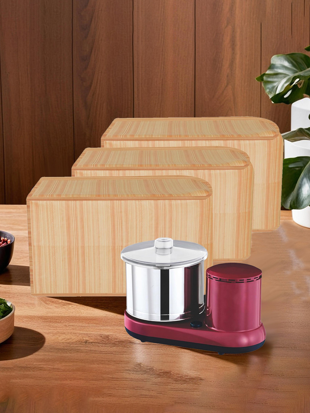 Kuber Industries Gold-Toned 3 Pieces Lining Design Waterproof Mixer Grinder Cover