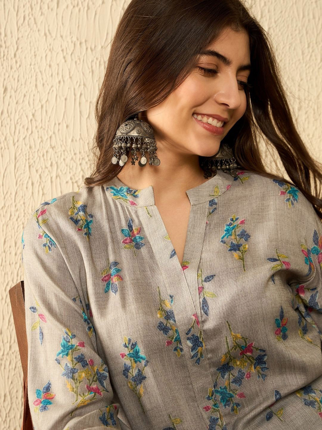 KALINI Floral Print Mandarin Collar Top