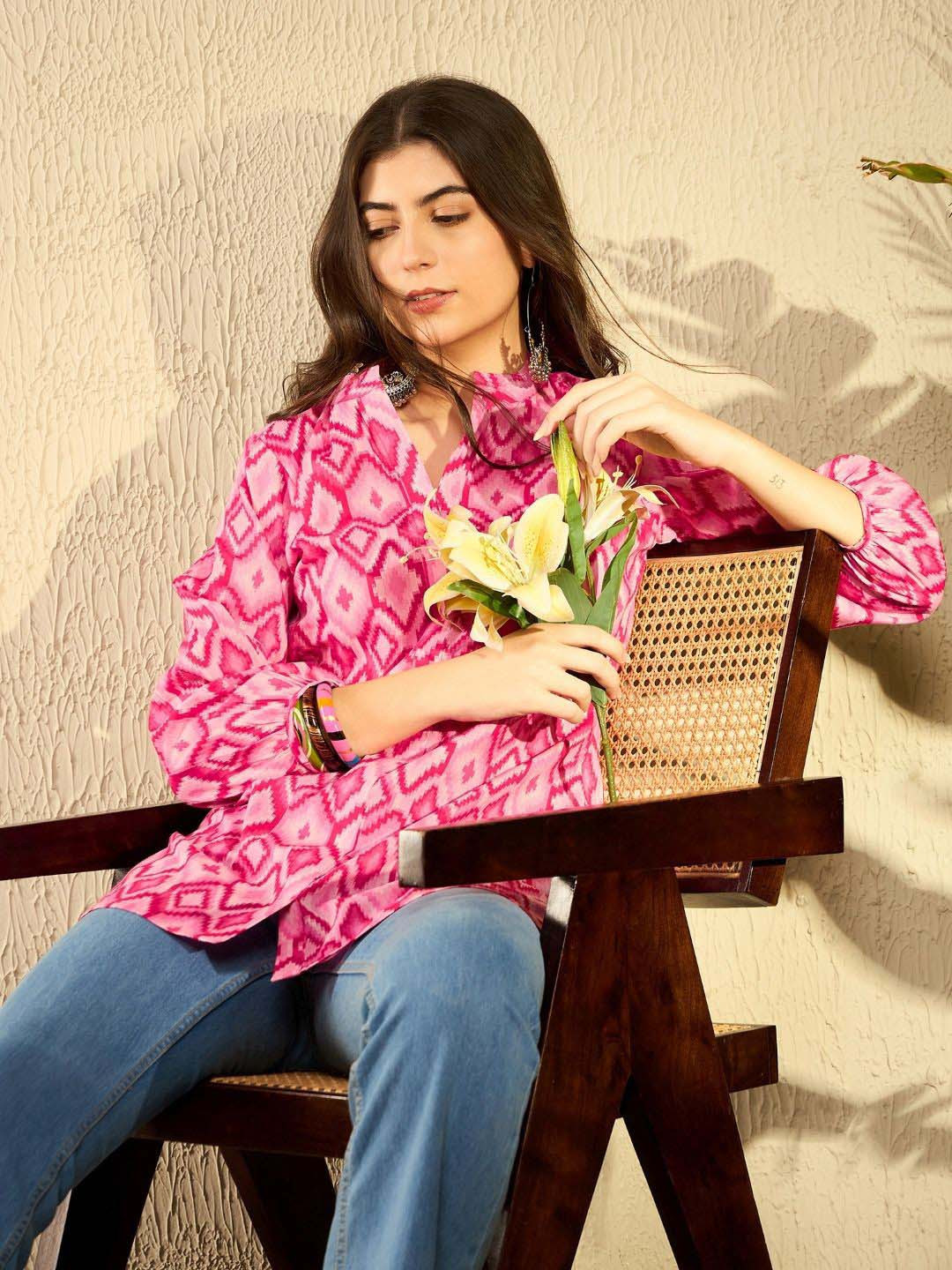 KALINI Women Geometric Printed Mandarin Collar Straight Tops