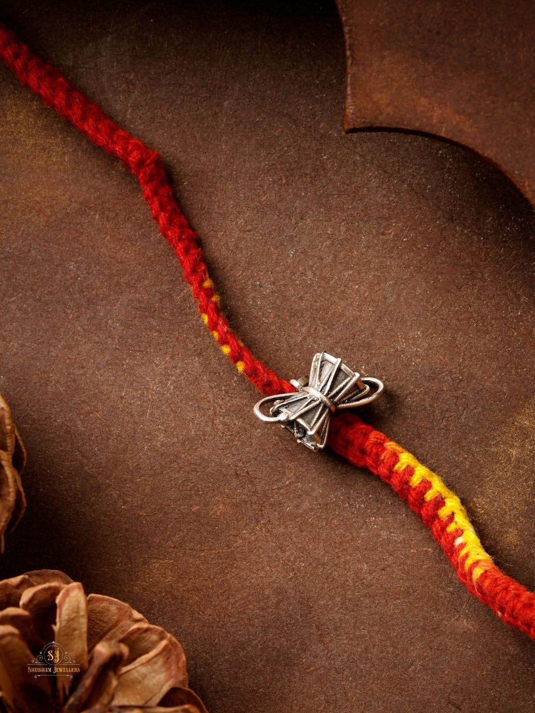 JewelYaari 925 Sterling Silver Shiva Damru Charm Thread Rakhi With Roli Chawal