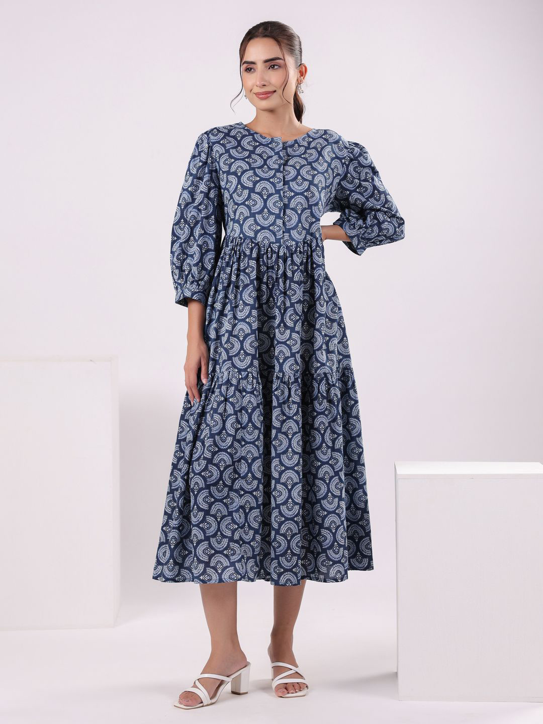 SANSKRUTIHOMES Floral Print Ethnic Motifs Printed Puff Sleeve Fit & Flare Midi Dress