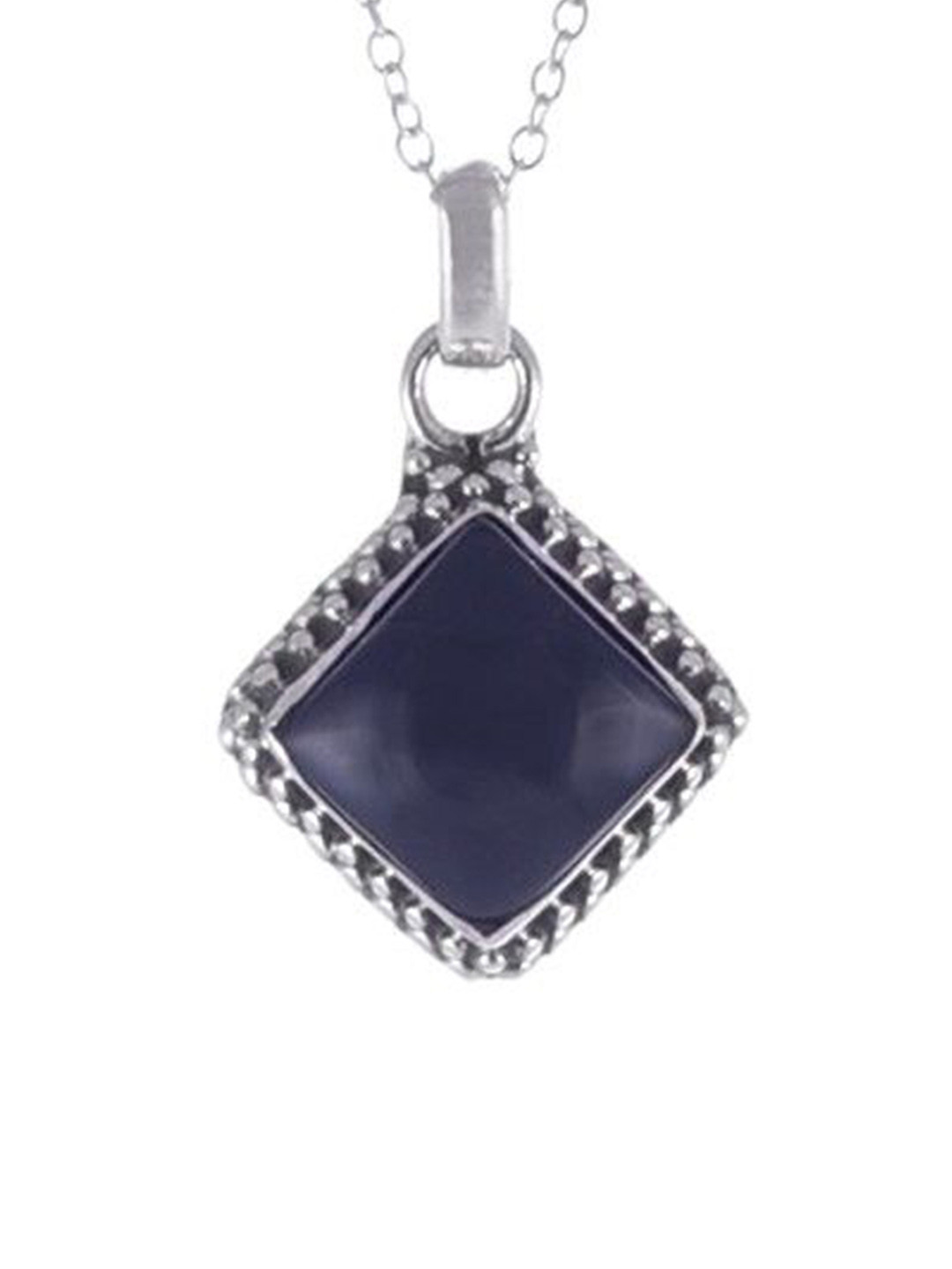 Exotic India Precious Black Onyx Gemstone Framed in Sterling Silver Pendant