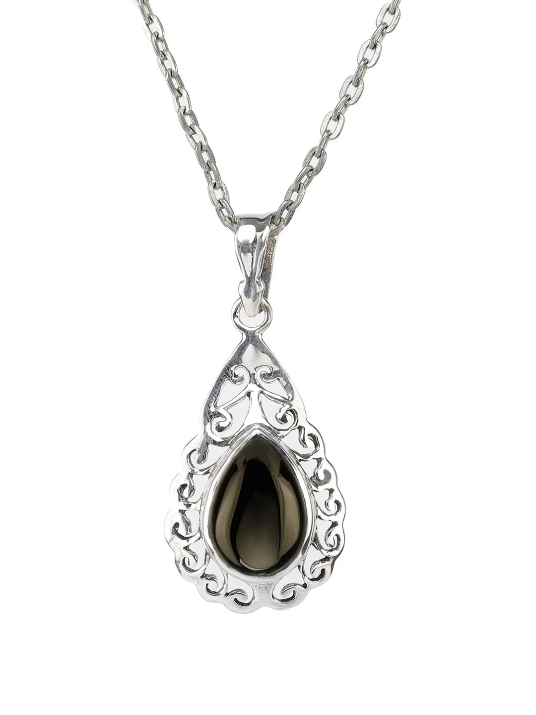 Exotic India Smoky Quartz Gemstone Drop Shaped Sterling Silver Pendant