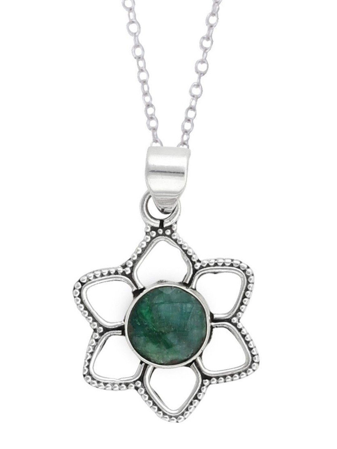 Exotic India Faceted Precious Emerald Gemstone Sterling Silver Studded Pendant