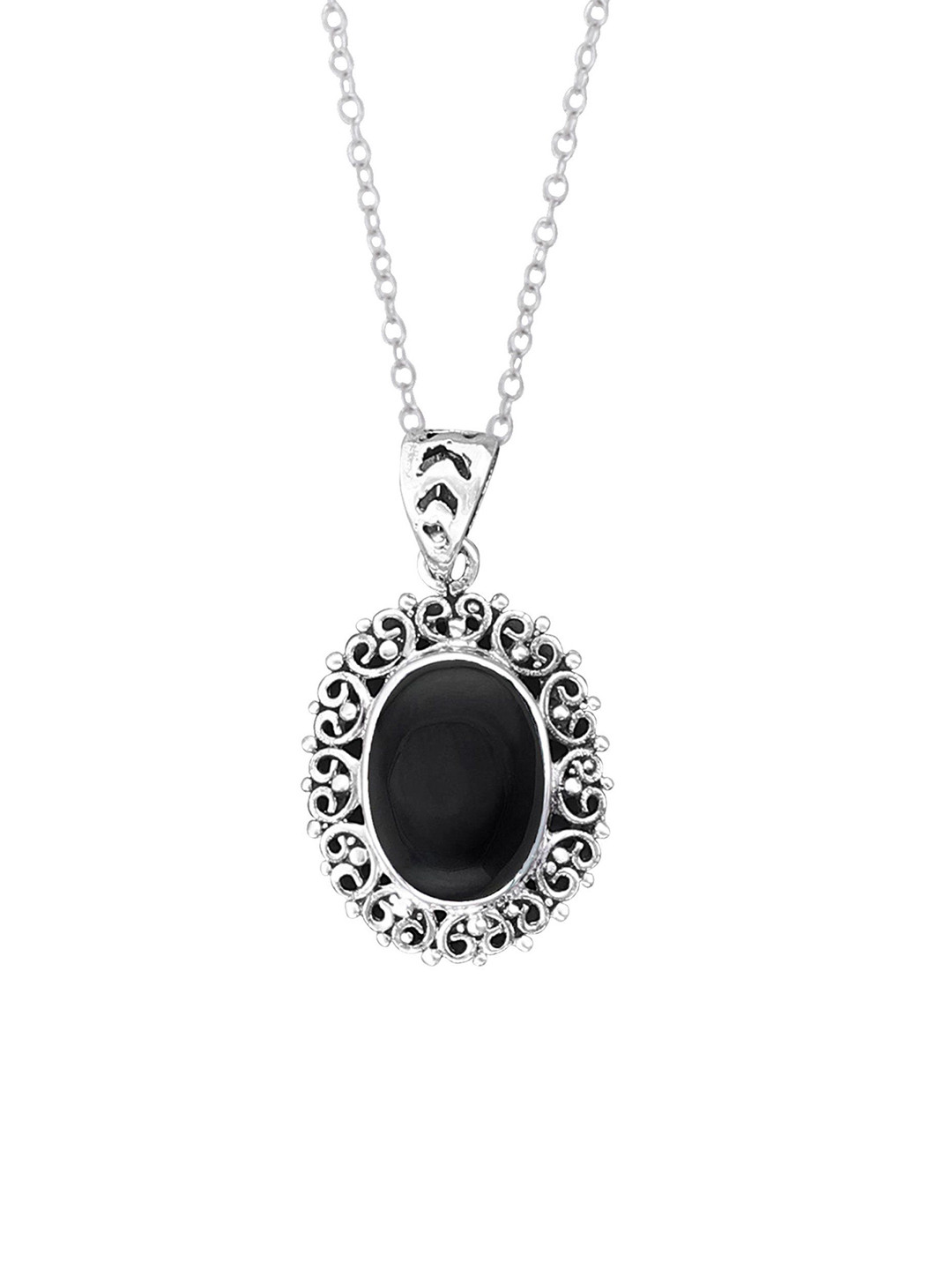 Exotic India Black Onyx Gemstone Natural Black Sterling Silver Pendant