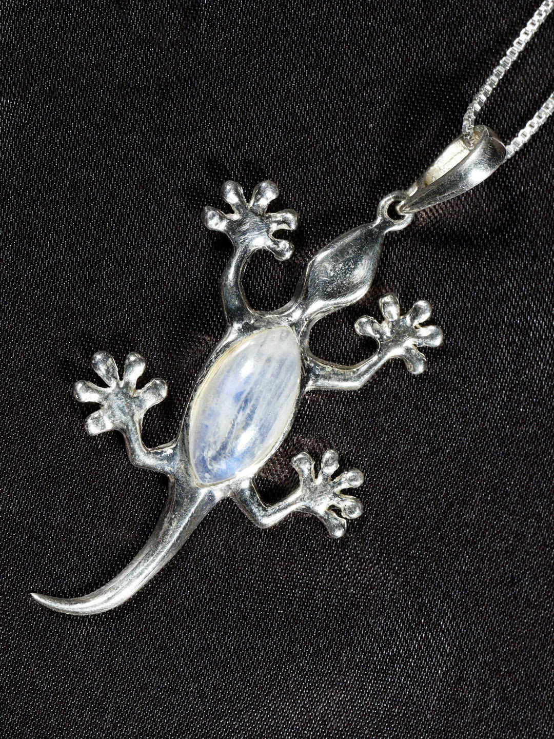Exotic India Rainbow Moonstone Sterling Silver Lizard Pendant