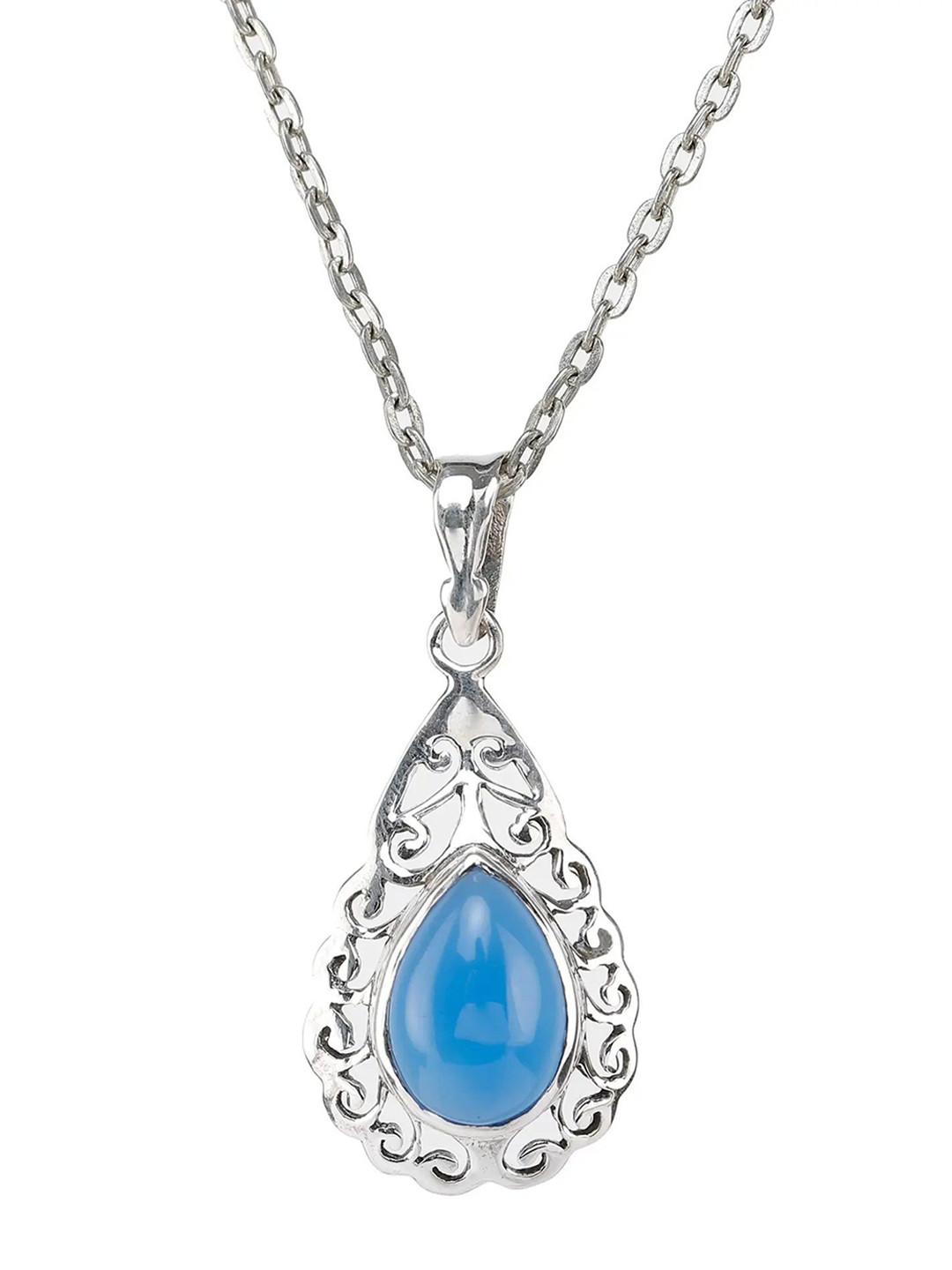 Exotic India Blue Chalcedony Gemstone Drop Shaped Sterling Silver Pendant