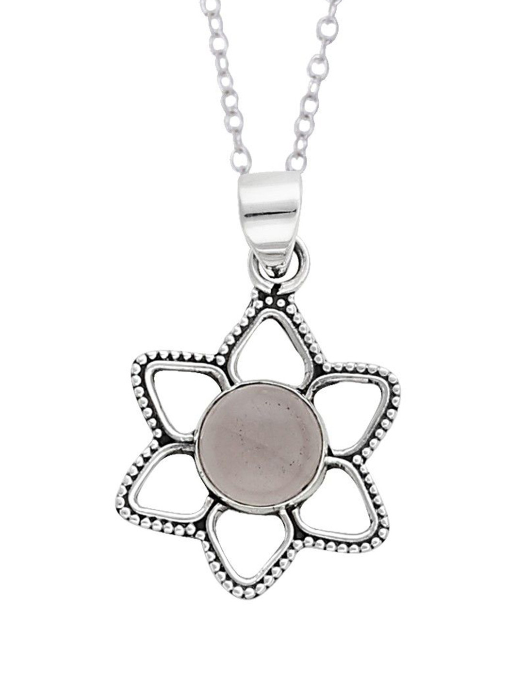 Exotic India Faceted Precious Rose Quartz Gemstone Sterling Silver Studded Pendant