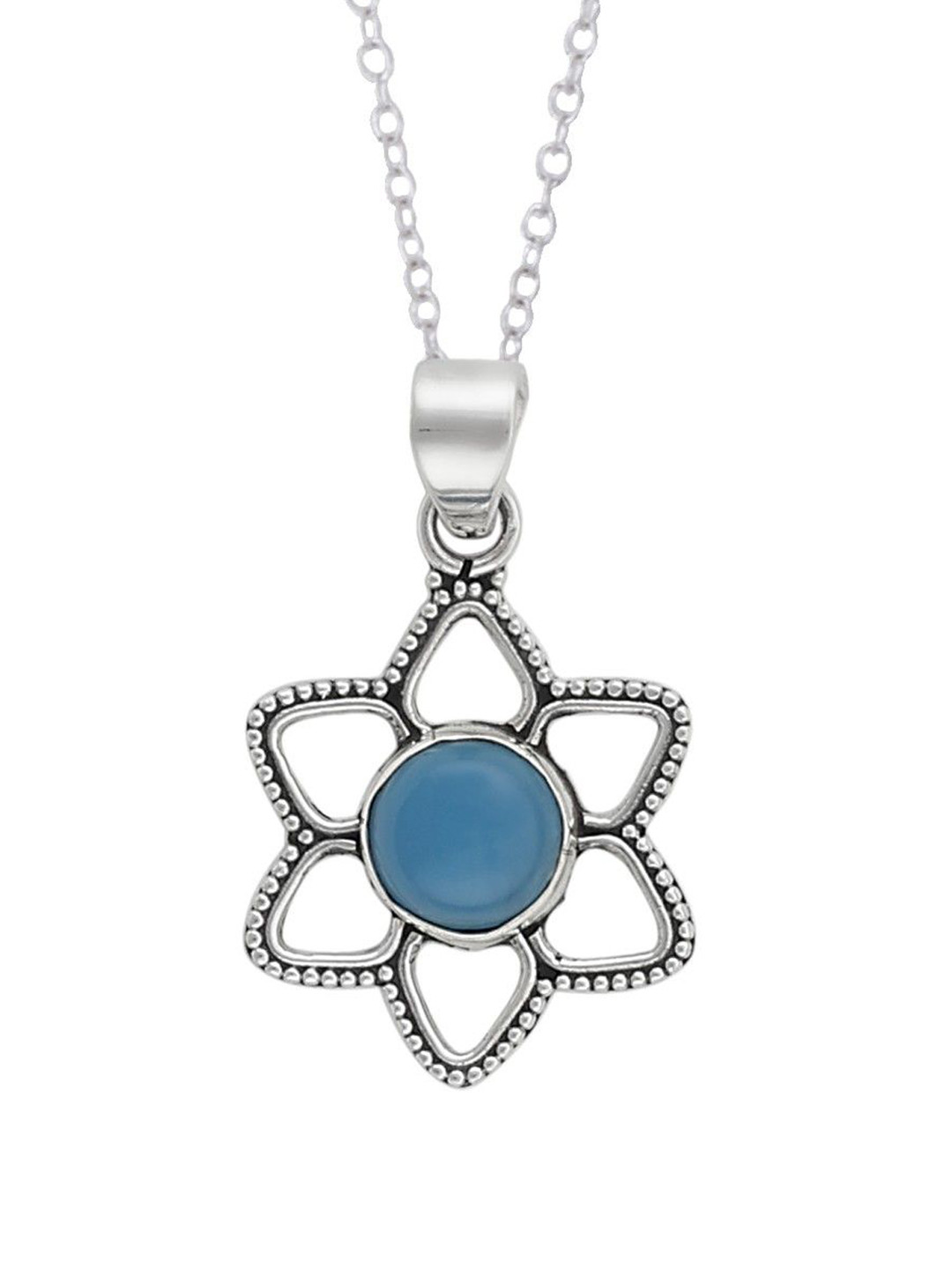 Exotic India Faceted Precious Blue Chalcedony Gemstone Sterling Silver Studded Pendant