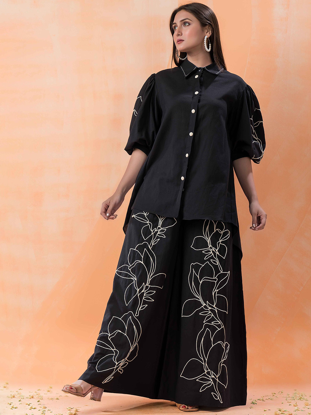 SACRED SUTA Floral Embroidered Puff Sleeves Pure Cotton Shirt & Palazzos