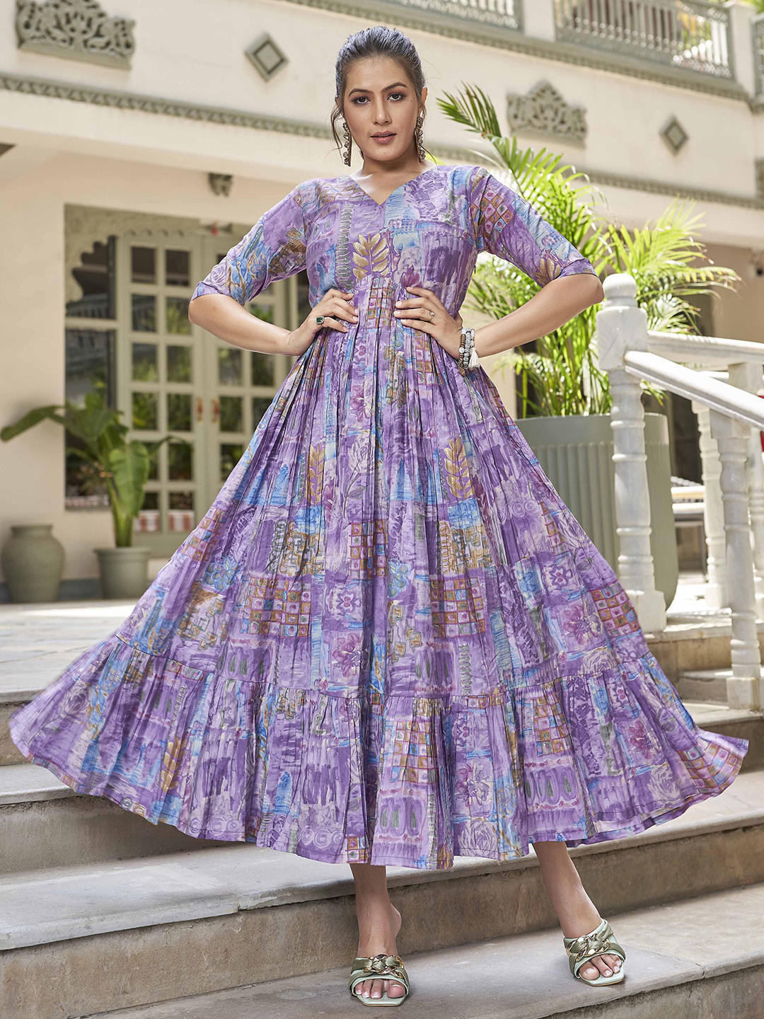 ODD BY chansi TRENDZ Printed Flared Maxi Ethnic Dress