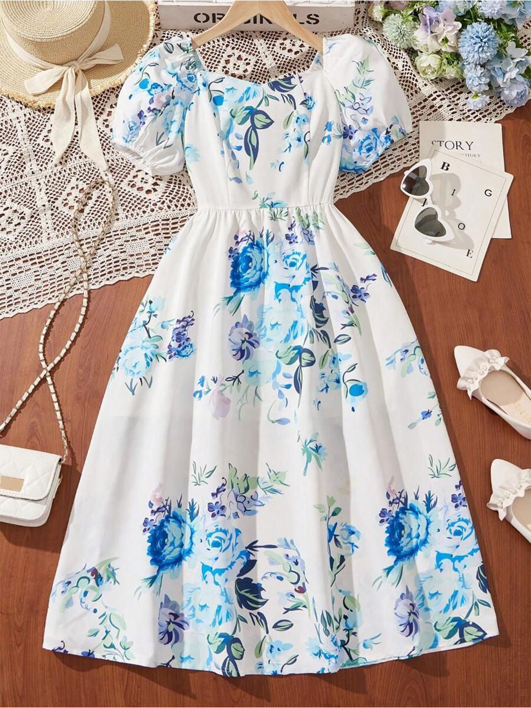BAESD Girls Floral Printed Puff Sleeves Fit & Flare Dress