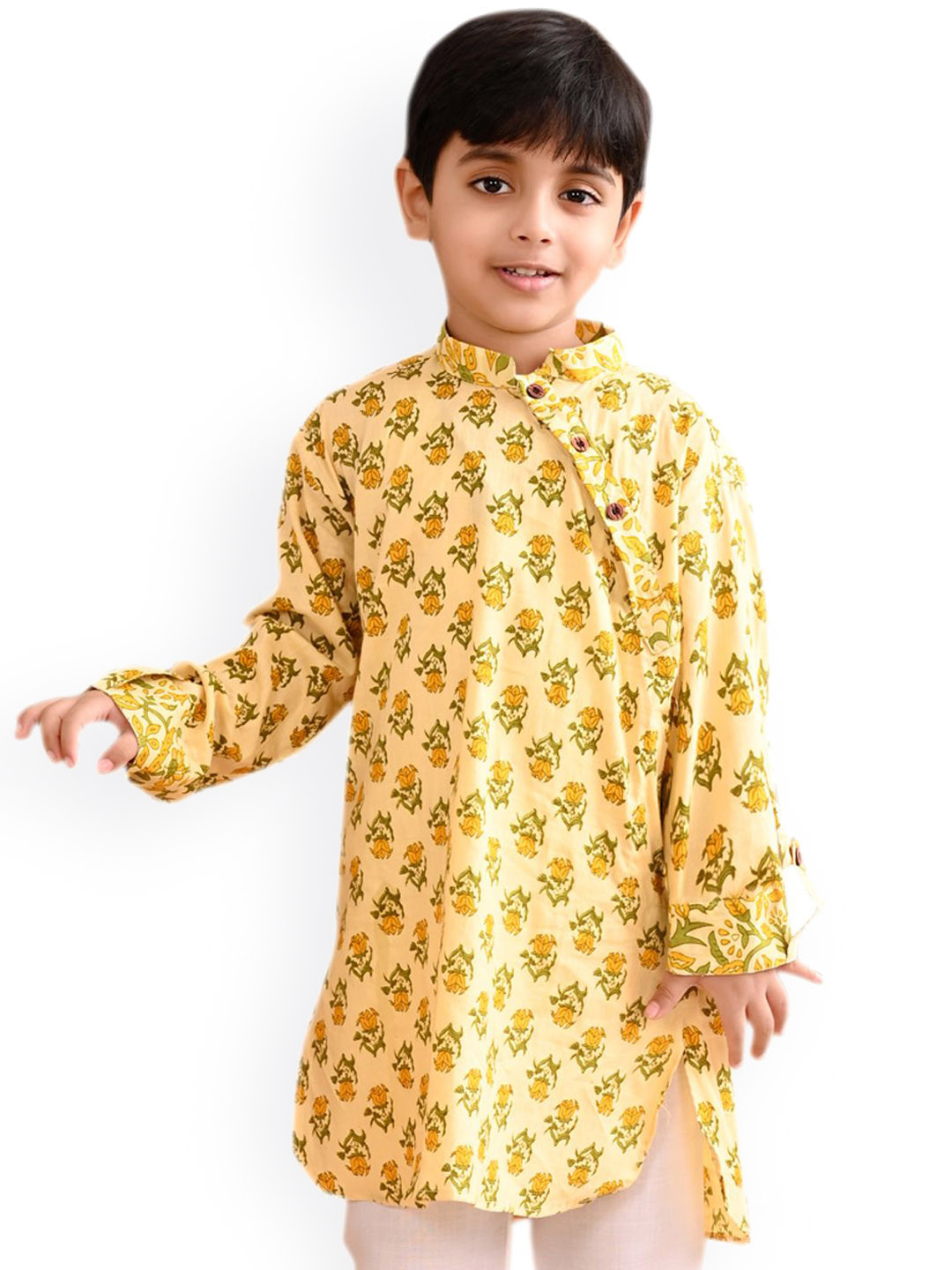 Sangria Boys Yellow & Green Floral Printed Mandarin Collar Straight Cotton Kurta