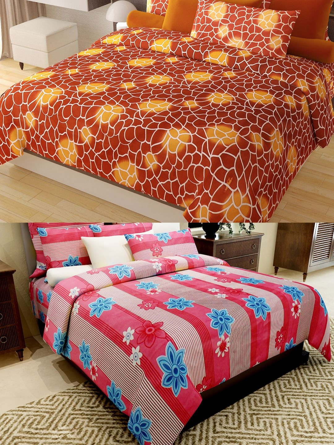 Aura Orange Floral Cotton 144 TC Queen 2 Bedsheet with 4 Pillow Covers-254 x 221 cm