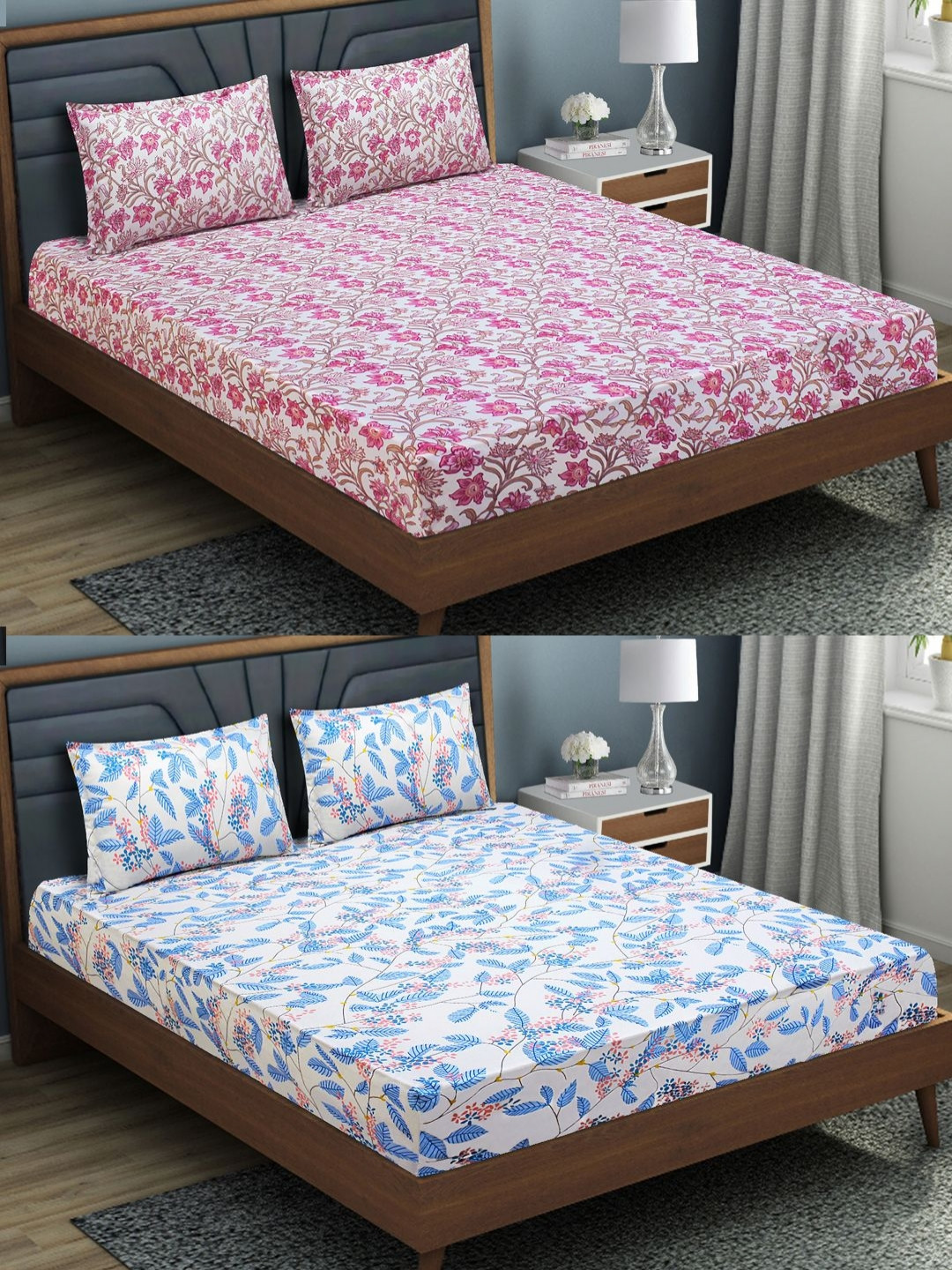 Aura Pink Floral Microfiber 144 TC Fitted Queen 2 Bedsheet with 4 Pillow Covers-78 x 70 inches