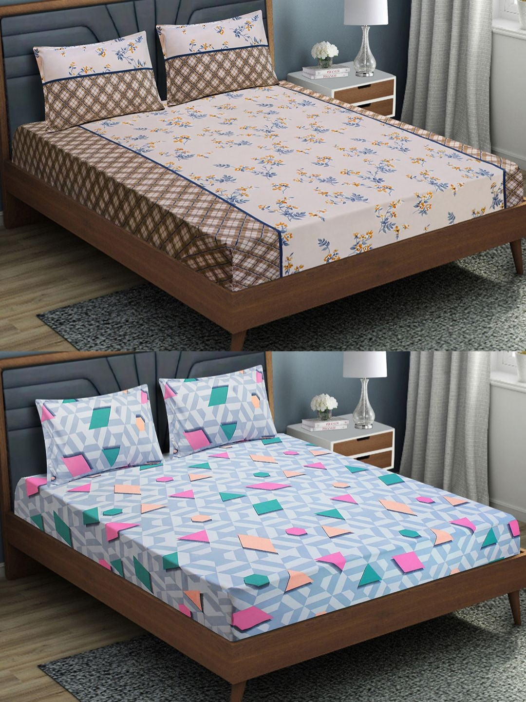 Aura Blue & Cream-Coloured Floral 144 TC 2 Queen Bedsheet with 4 Pillow Covers