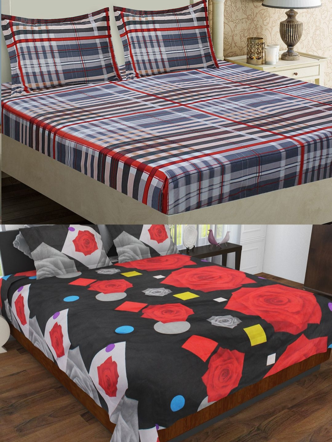 Aura Red Floral Microfiber 160 TC Queen 2 Bedsheet with 4 Pillow Covers-220 x 240cm