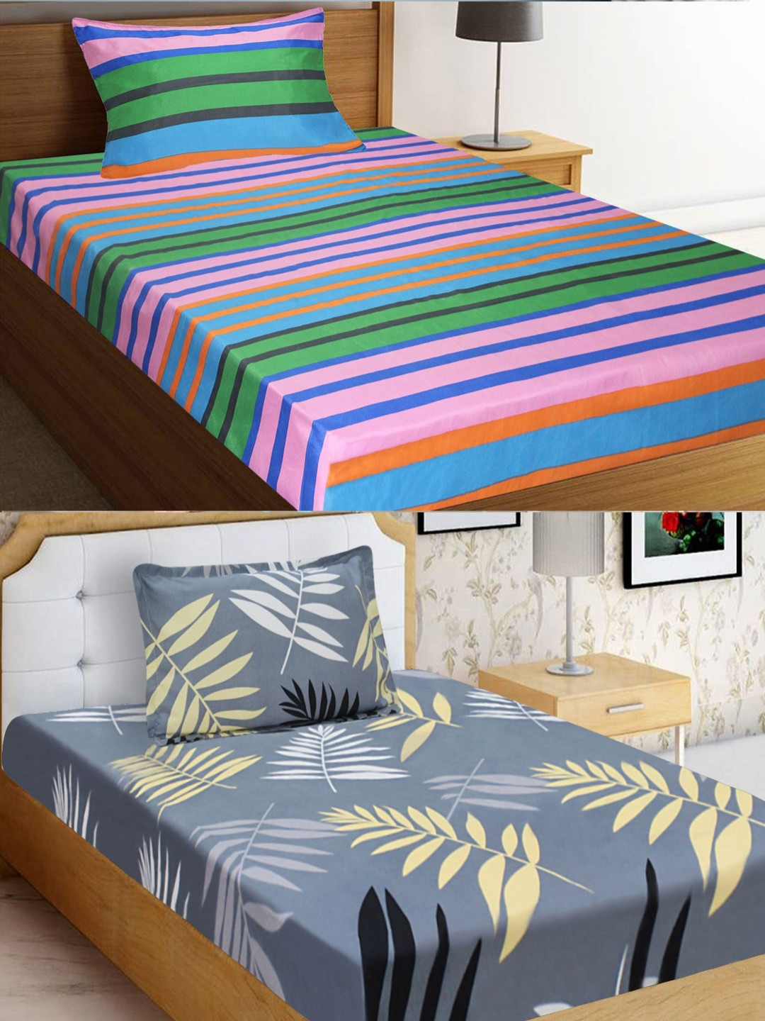 Aura Grey & Green Floral Printed 144 TC Microfiber 2 Single Bedsheet with 2 Pillow Covers