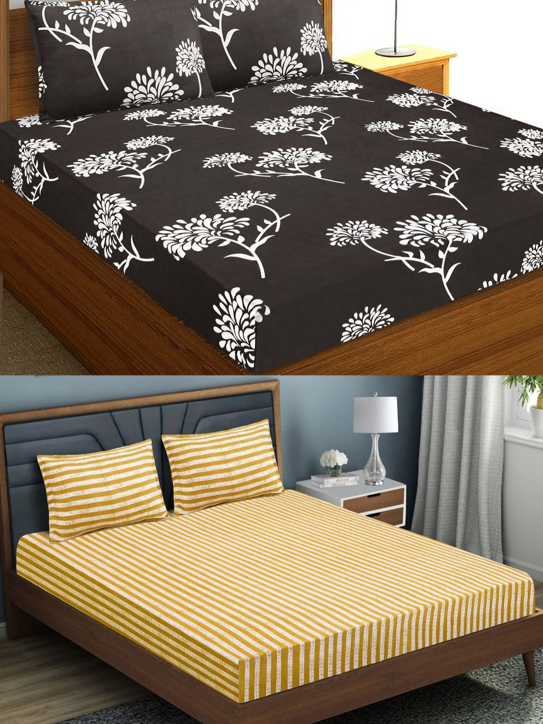 Aura Yellow & Black Printed Microfiber 144 TC 2 Queen Bedsheets With 4 Pillow Covers