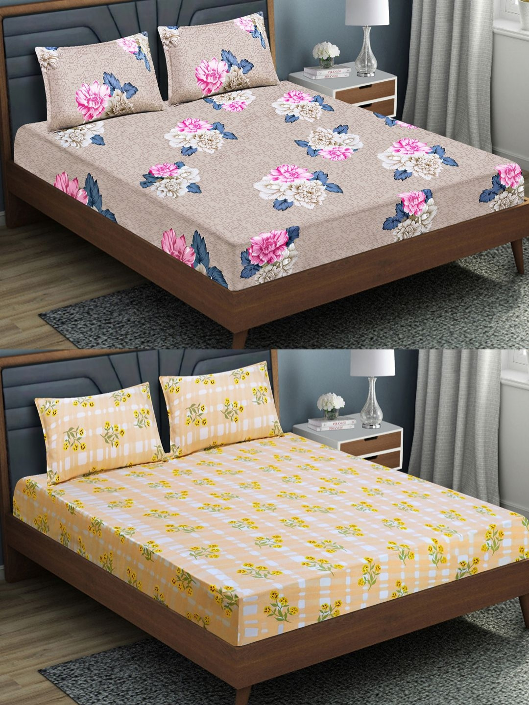 Aura Yellow & Pink Printed Microfiber 144 TC 2 Queen Fitted Bedsheet With 4 Pillow Covers