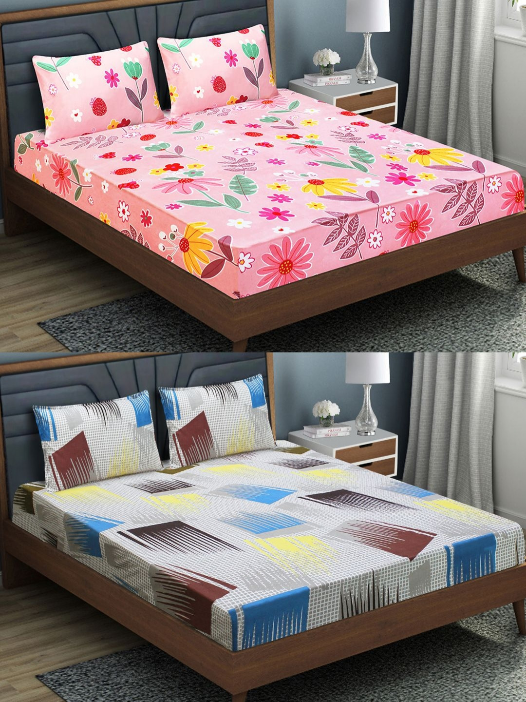 Aura Pink Floral Printed 144TC Microfiber Fitted 2 Double Queen Bedsheet & 4 Pillow Covers