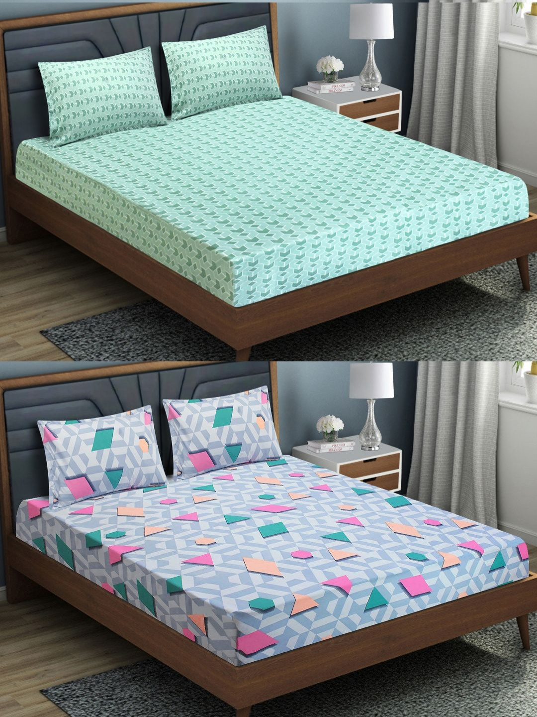 Aura Blue Geometric Microfiber 144 TC Fitted Queen 2 Bedsheet with 4 Pillow Covers-223 x 203 cm