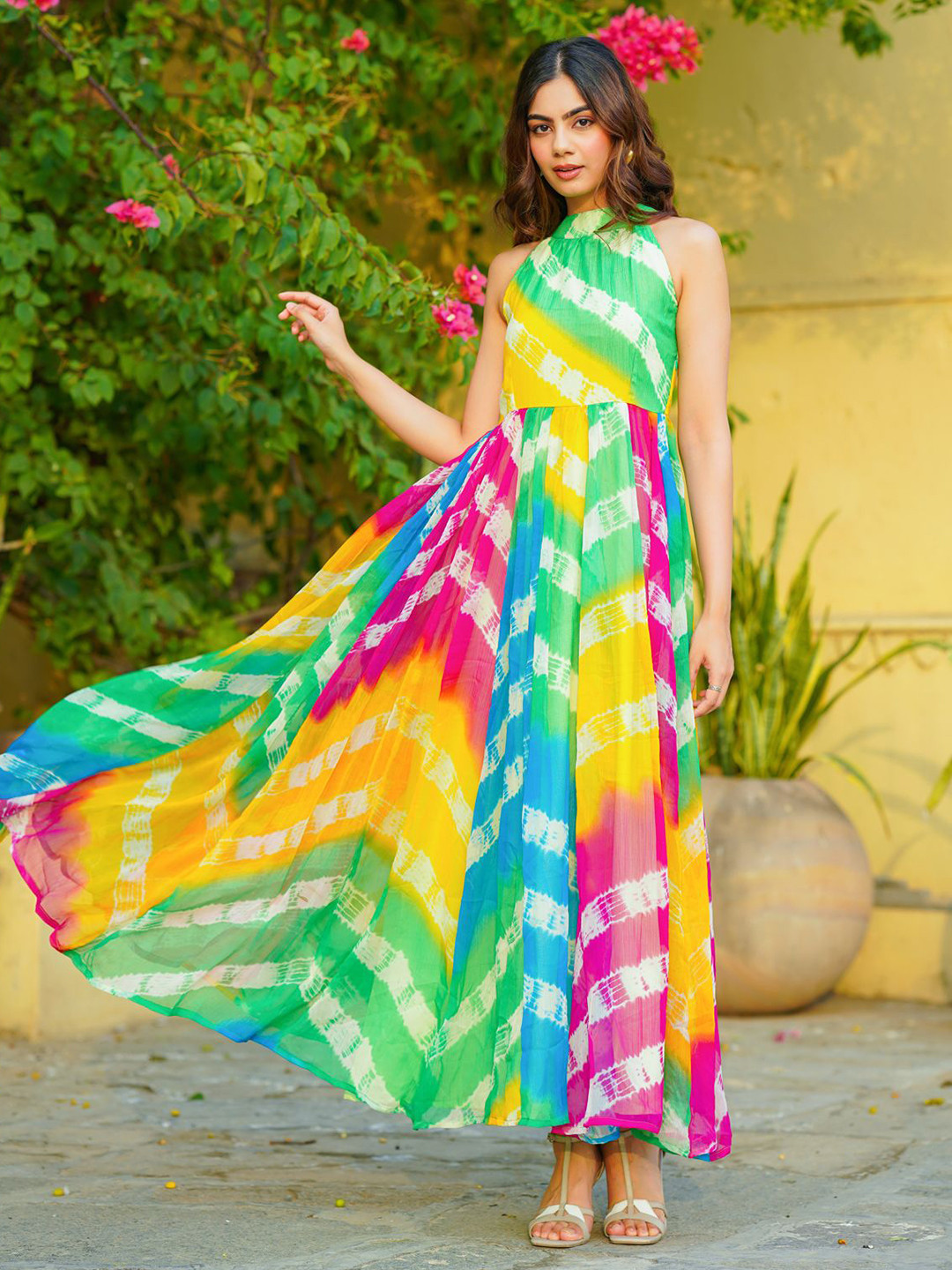 Ambraee Women Printed Chiffon Mock Neck Sleeveless Maxi Dress