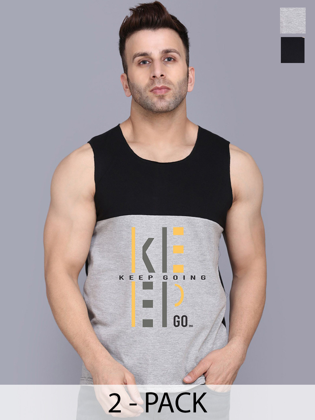SLOWLORIS Pack Of 2 Printed Cotton Innerwear Vests- SL26 COMBO (LOUD BLACK) (KEEP BLKGRY)