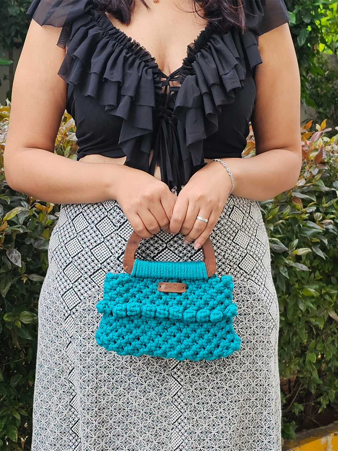 DECORDILL Women Hand-Knotted Teal Flower Handbag