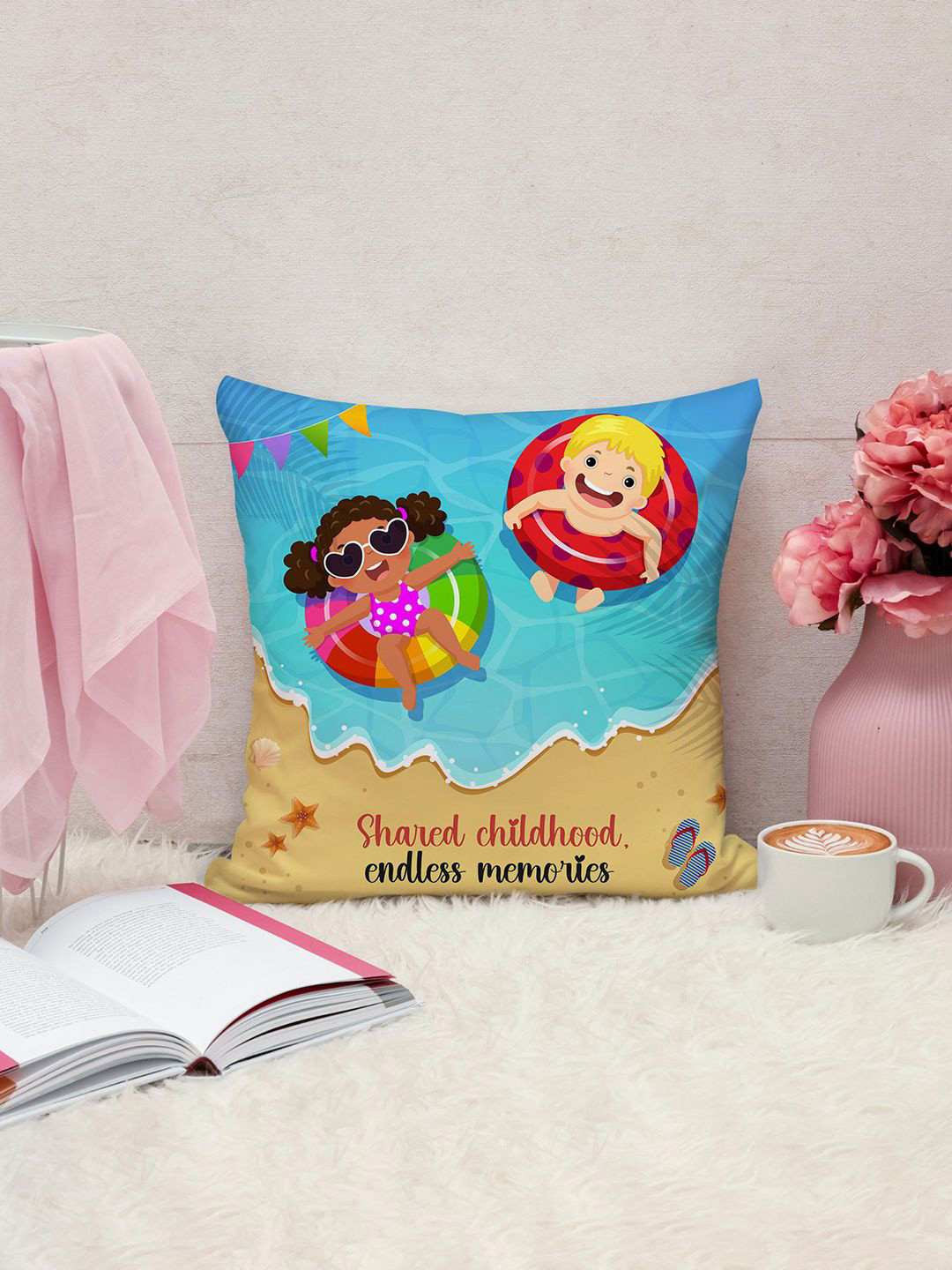 DecorTwist Blue & Pink Printed Square Cotton Cushions for Kids