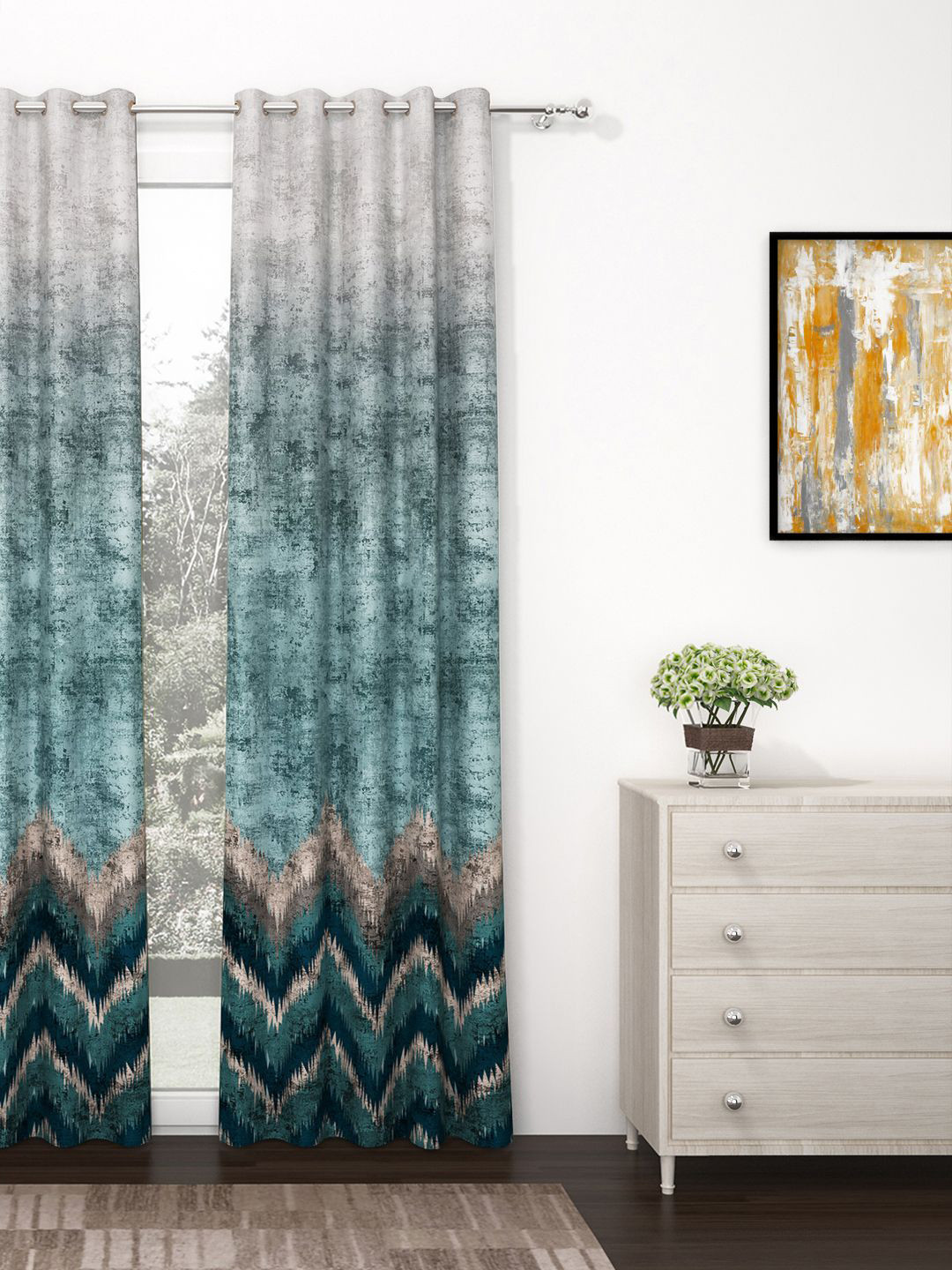 Story@home Green & Grey Geometric Black Out Long Door Curtain
