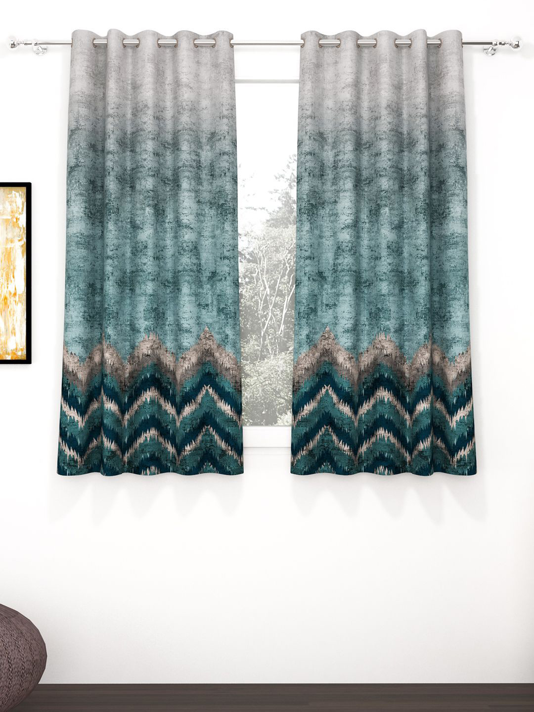 Story@home Green & Grey 2 Pieces Geometric Black Out Window Curtain