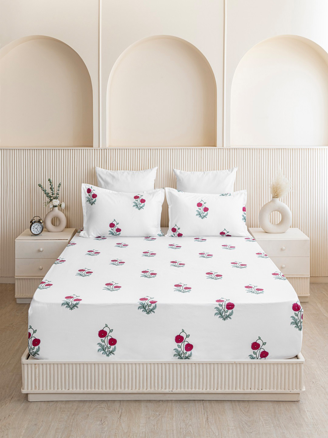 HOMEMONDE Red Floral Cotton 210 TC Fitted Queen Fine Bedsheet with 2 Pillow Covers-78 x 72 inches