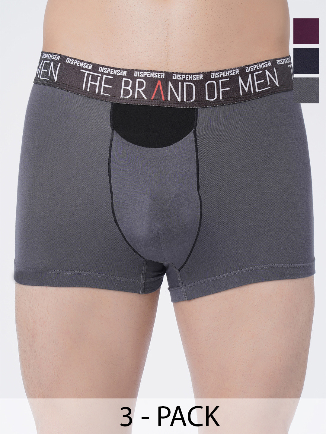 DISPENSER Men Pack Of 3 Mid-Rise Trunks S4-Trunk-Grey-Navy-Wine-M