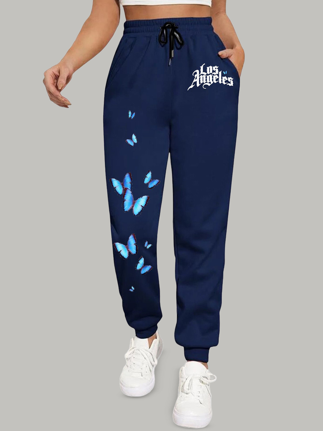Blue Butterfly Print Relaxed Mid Rise Joggers