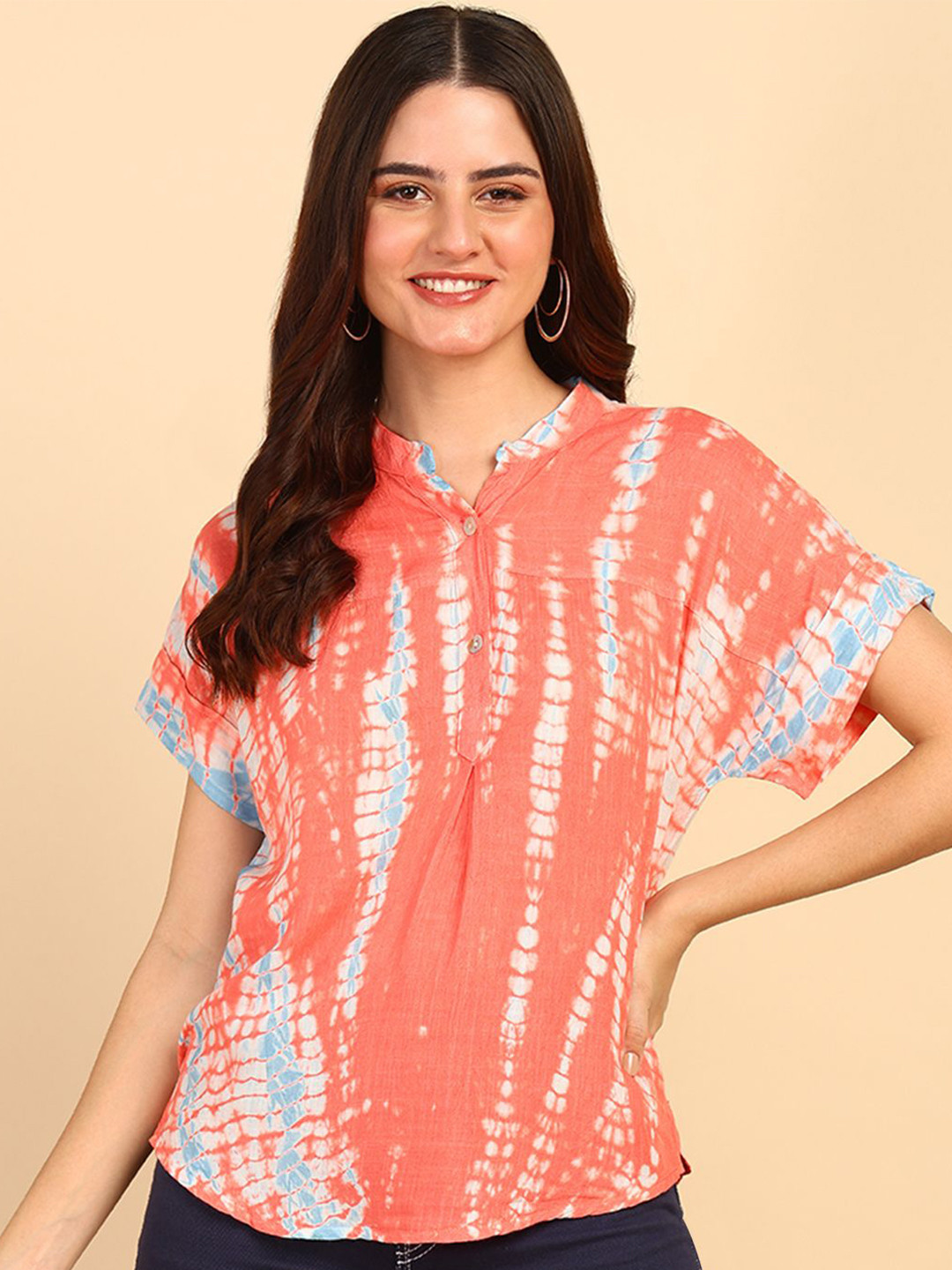 Maaesa Hand Tie and Dye Mandarin Collar Top